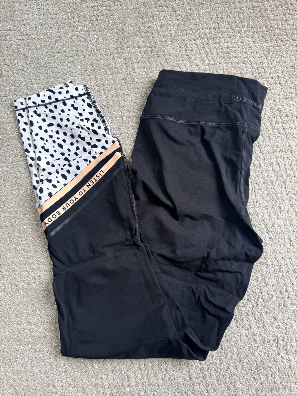 White Fox Boutique Black Leggings with Dalmatian Waistband and Cream Accent
